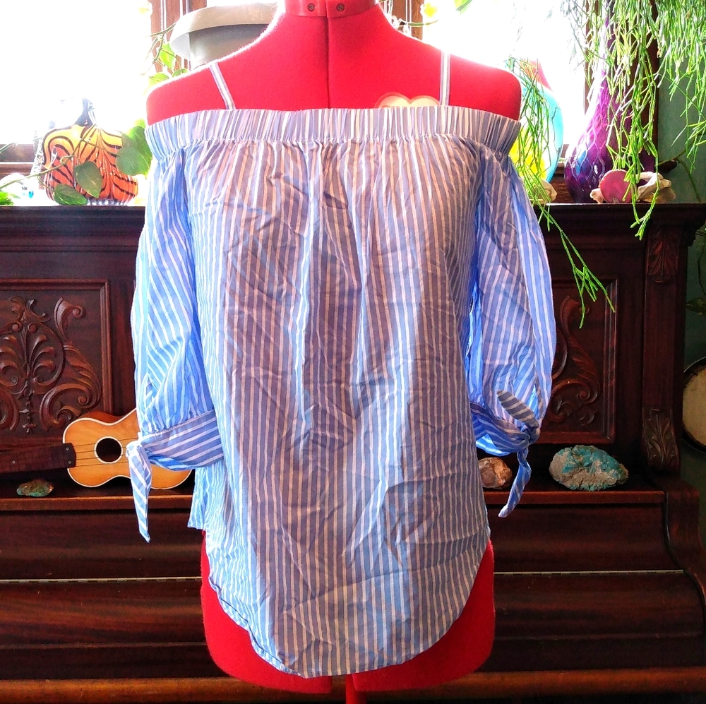 Off the Shoulder Blue White Striped Top Blouse